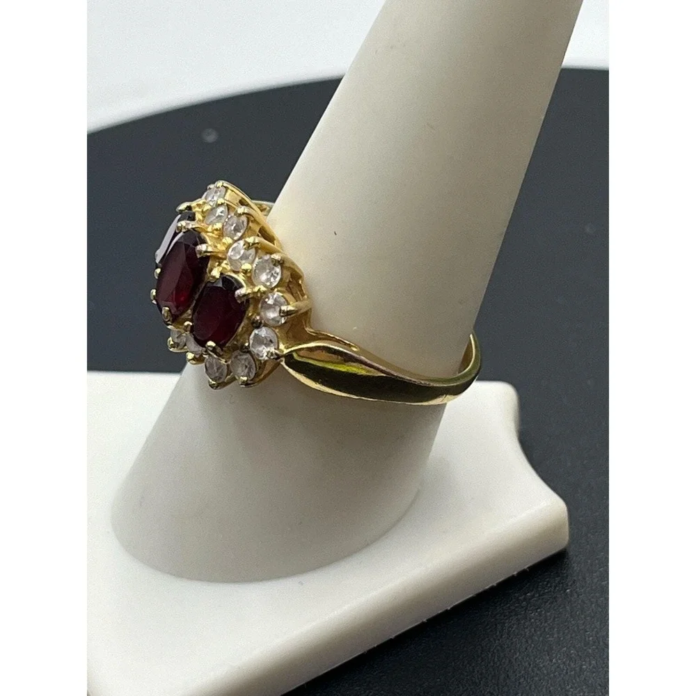 F Finecraft Vintage Vermeil Sterling  Oval Garnet Trilogy Halo CZ  Ring 9.25